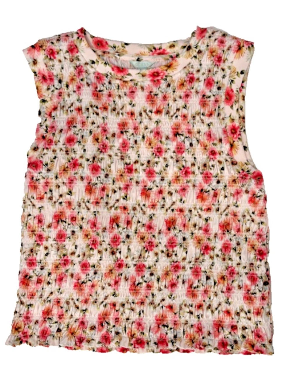 GUESS Eco Claire Floral Smocked Tank Top Womens XL Tencel Gold Logo NWT